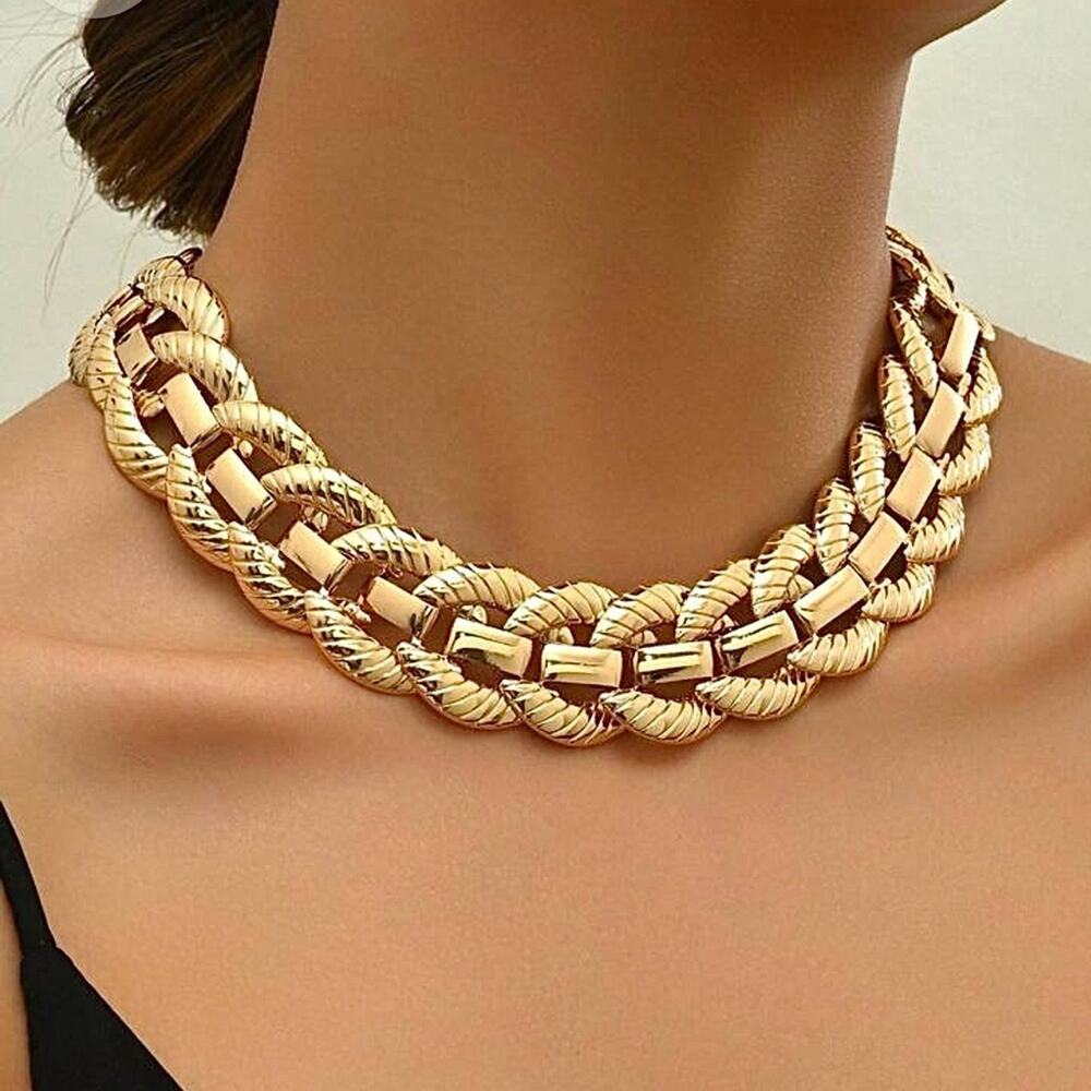 Chunky Gold Weaving Statement Choker Necklace
